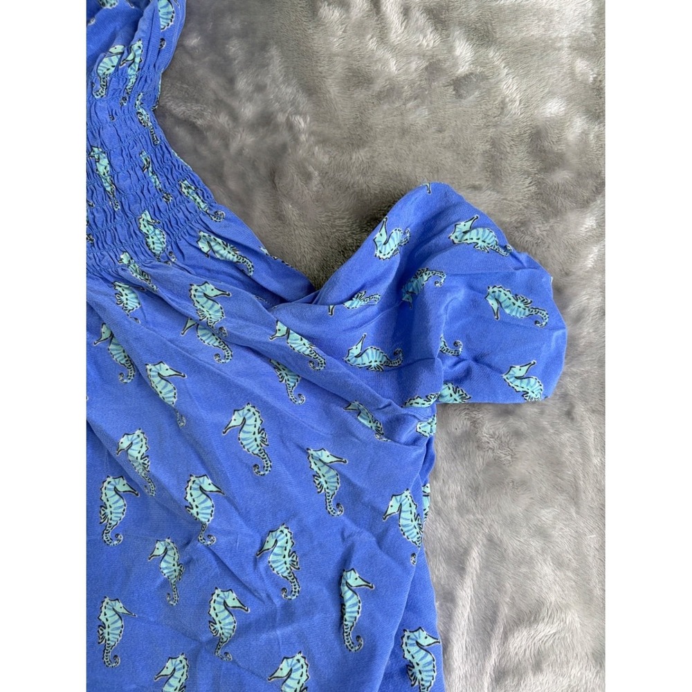 Kate Spade Seahorse Print Silk Dress Womens XXS Blue Smocked Waist Fit & Flare - Picture 5 of 8